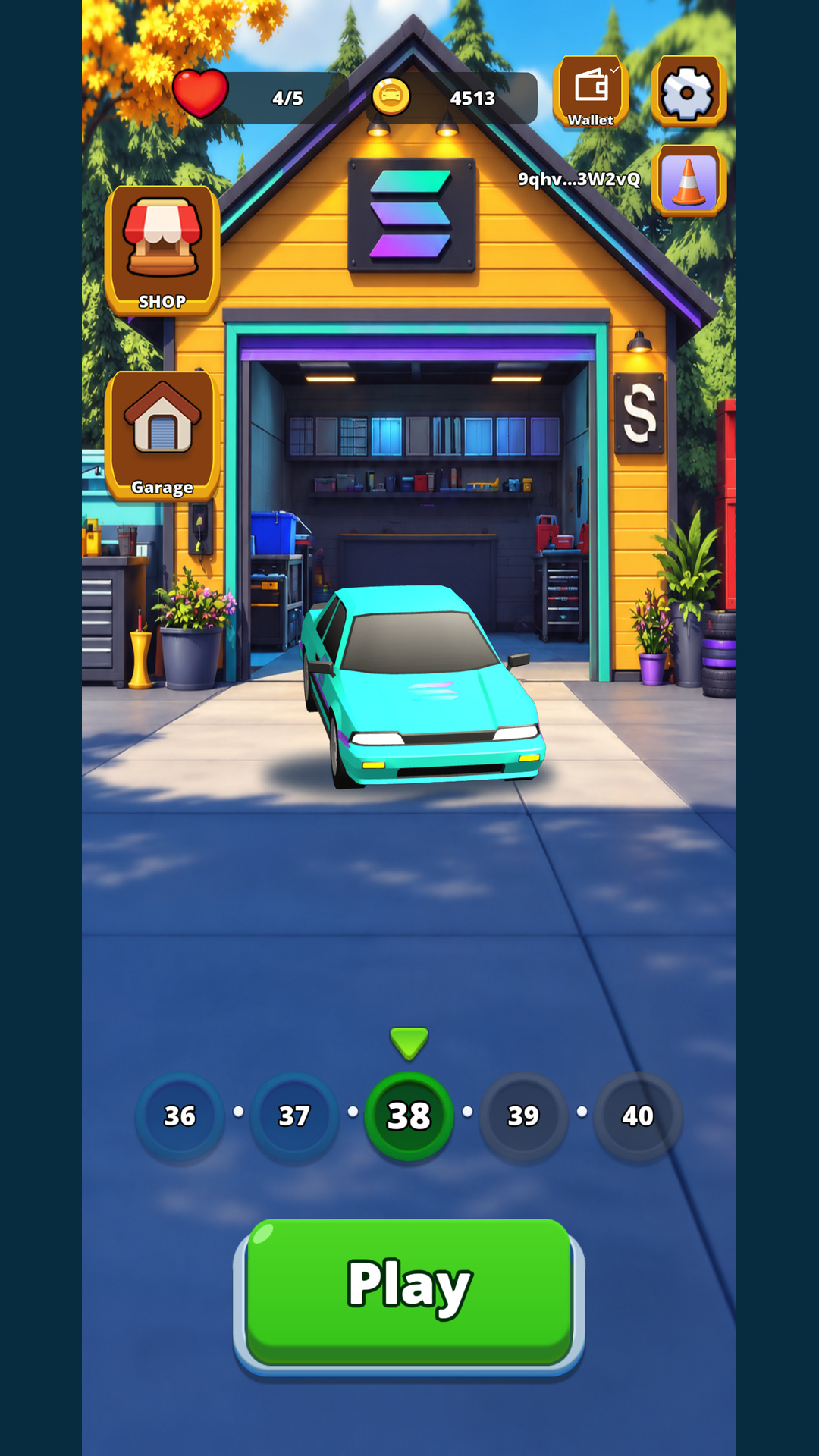 Seeker City Home: the yellow garage, a mint car and the Play button