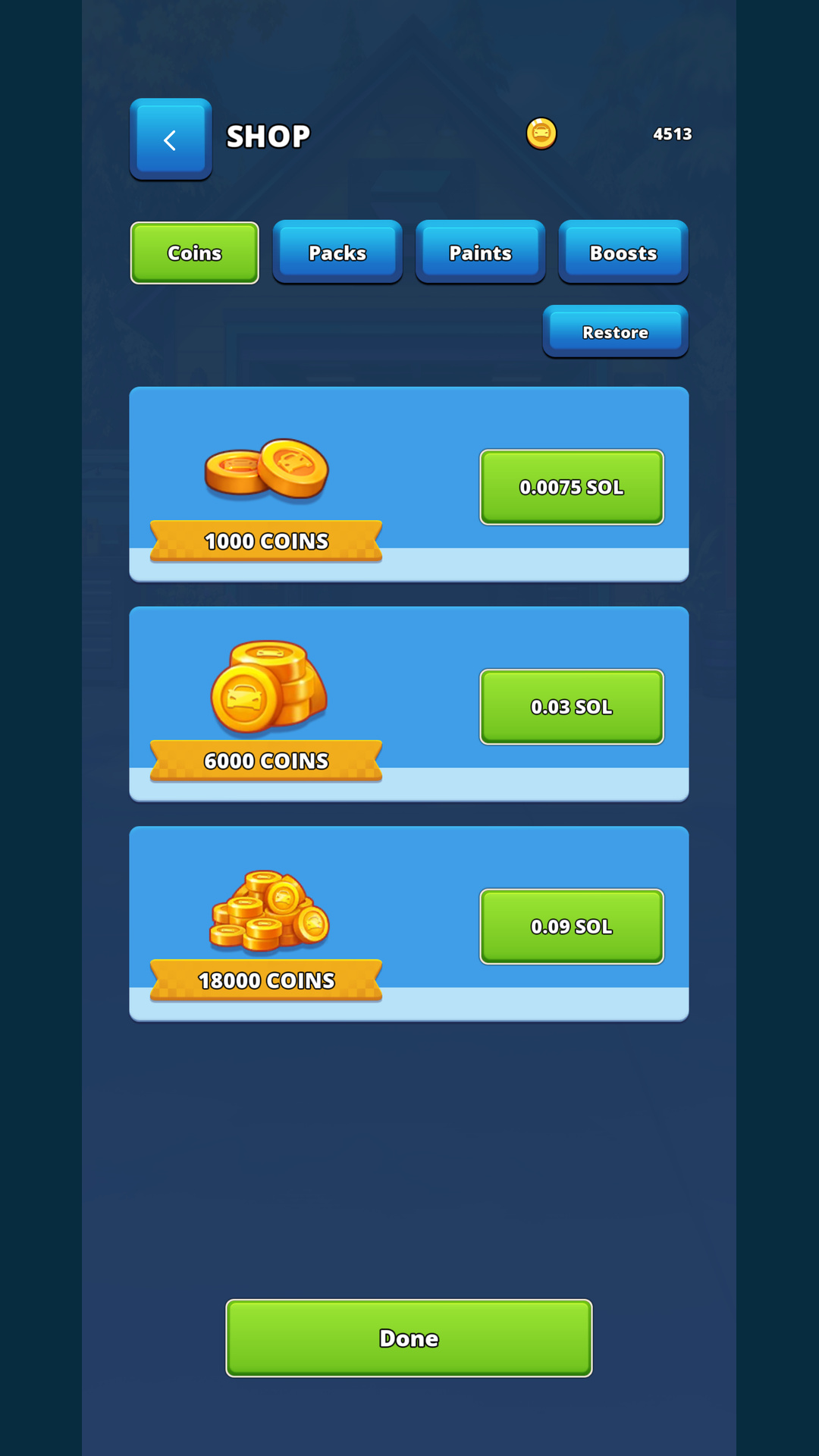 The actual Solana Shop with Coin packs and fixed SOL prices